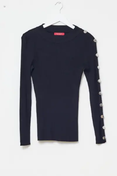 Pulover GUESS Los Angeles – Tricot Reiat Negru cu Nasturi Laterali S/M