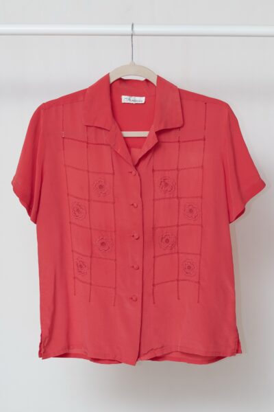 Cămașă Vintage Firenze – 100% Mătase Naturală, Broderie Florală & Ajur - M