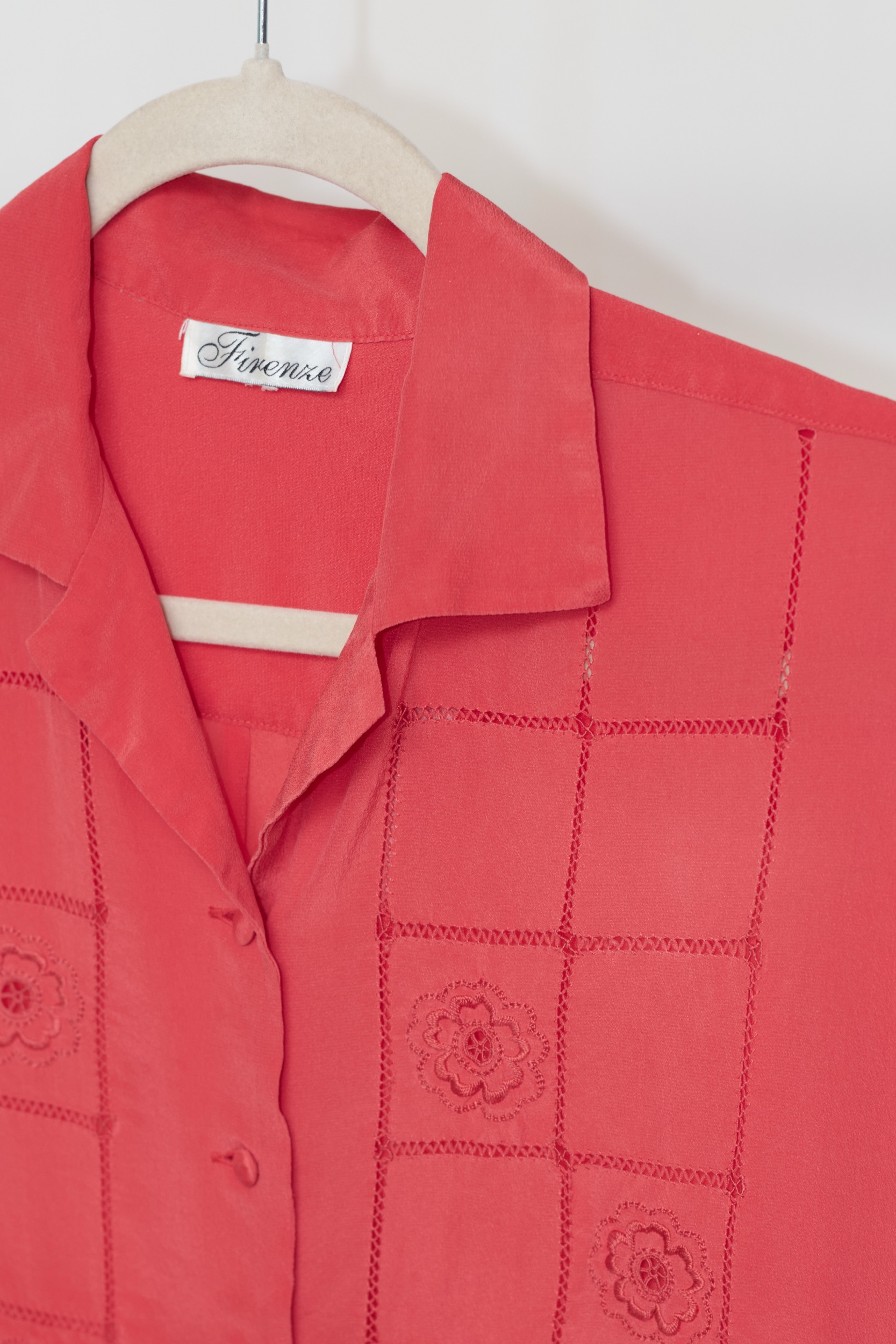 Cămașă Vintage Firenze – 100% Mătase Naturală, Broderie Florală & Ajur - M - imagine 4