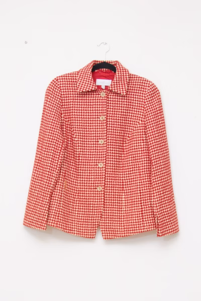 Sacou Elegance din mix de lână virgină– Imprimeu Houndstooth Roșu/Alb - L