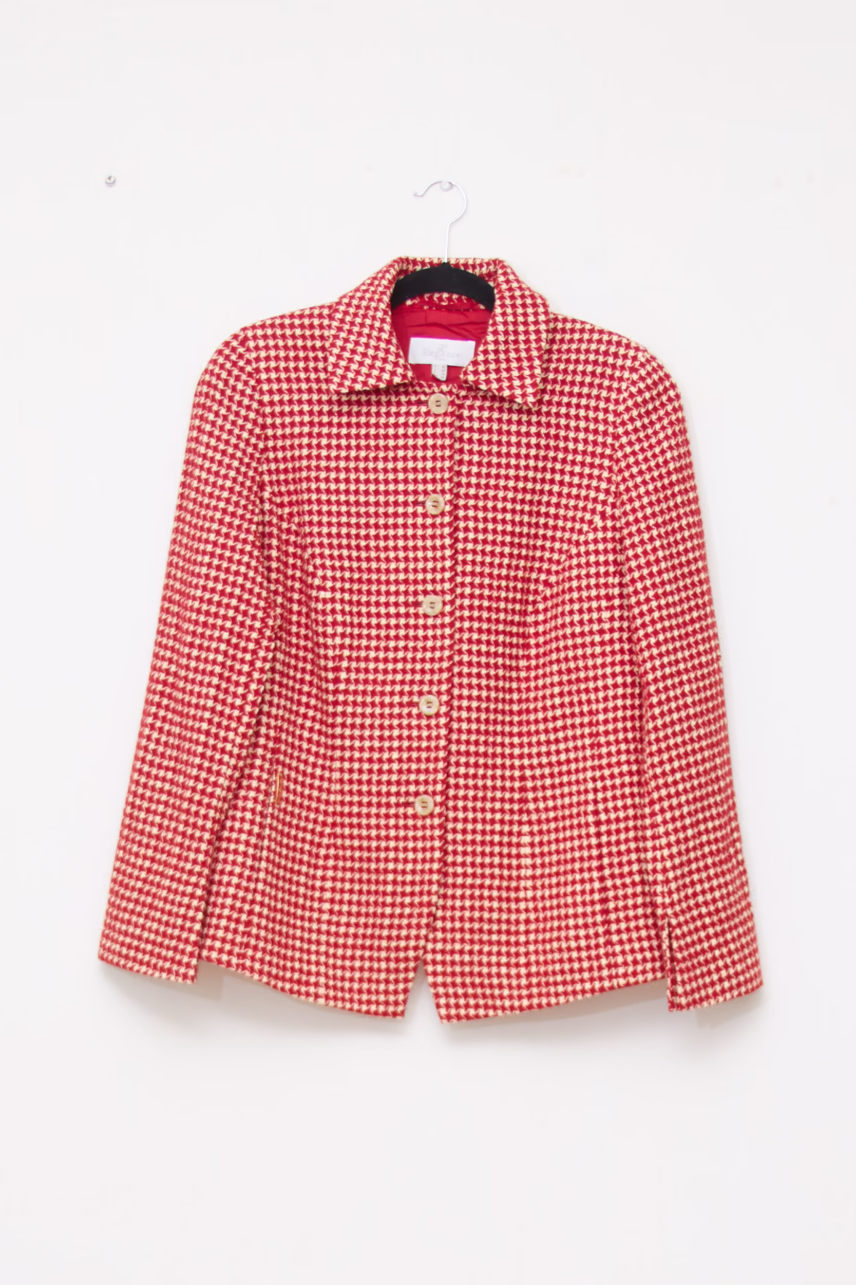Sacou Elegance din mix de lână virgină– Imprimeu Houndstooth Roșu/Alb - L