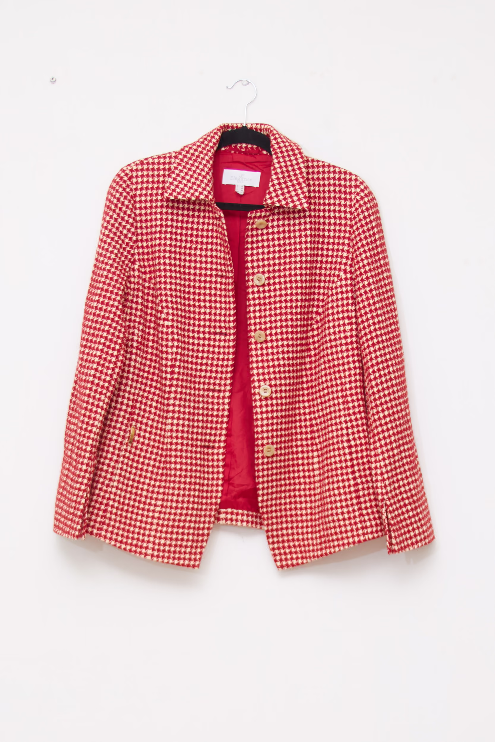 Sacou Elegance din mix de lână virgină– Imprimeu Houndstooth Roșu/Alb - L - imagine 5