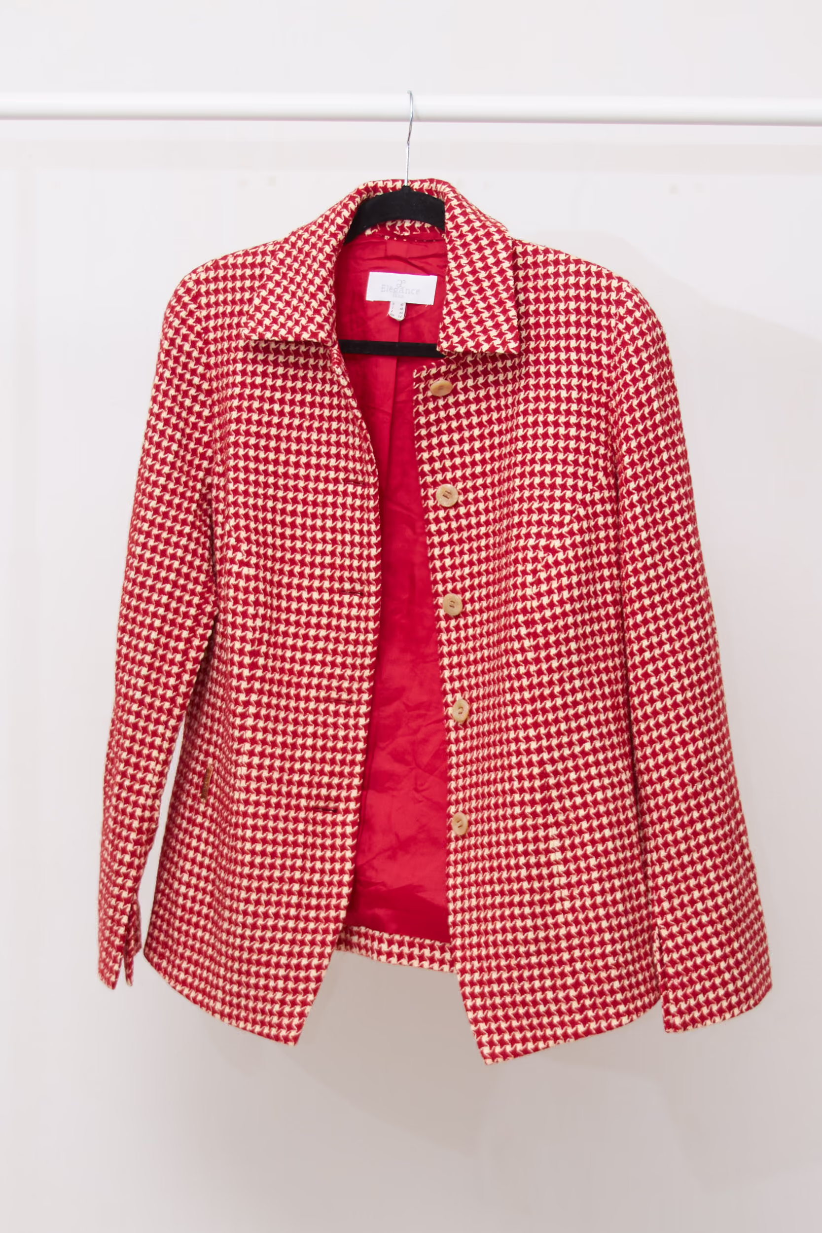 Sacou Elegance din mix de lână virgină– Imprimeu Houndstooth Roșu/Alb - L - imagine 2