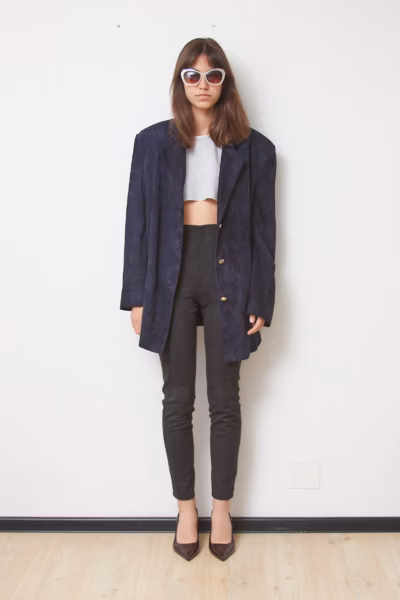 Sacou Vintage din Piele Întoarsă (Suede) – Bleumarin închis - L