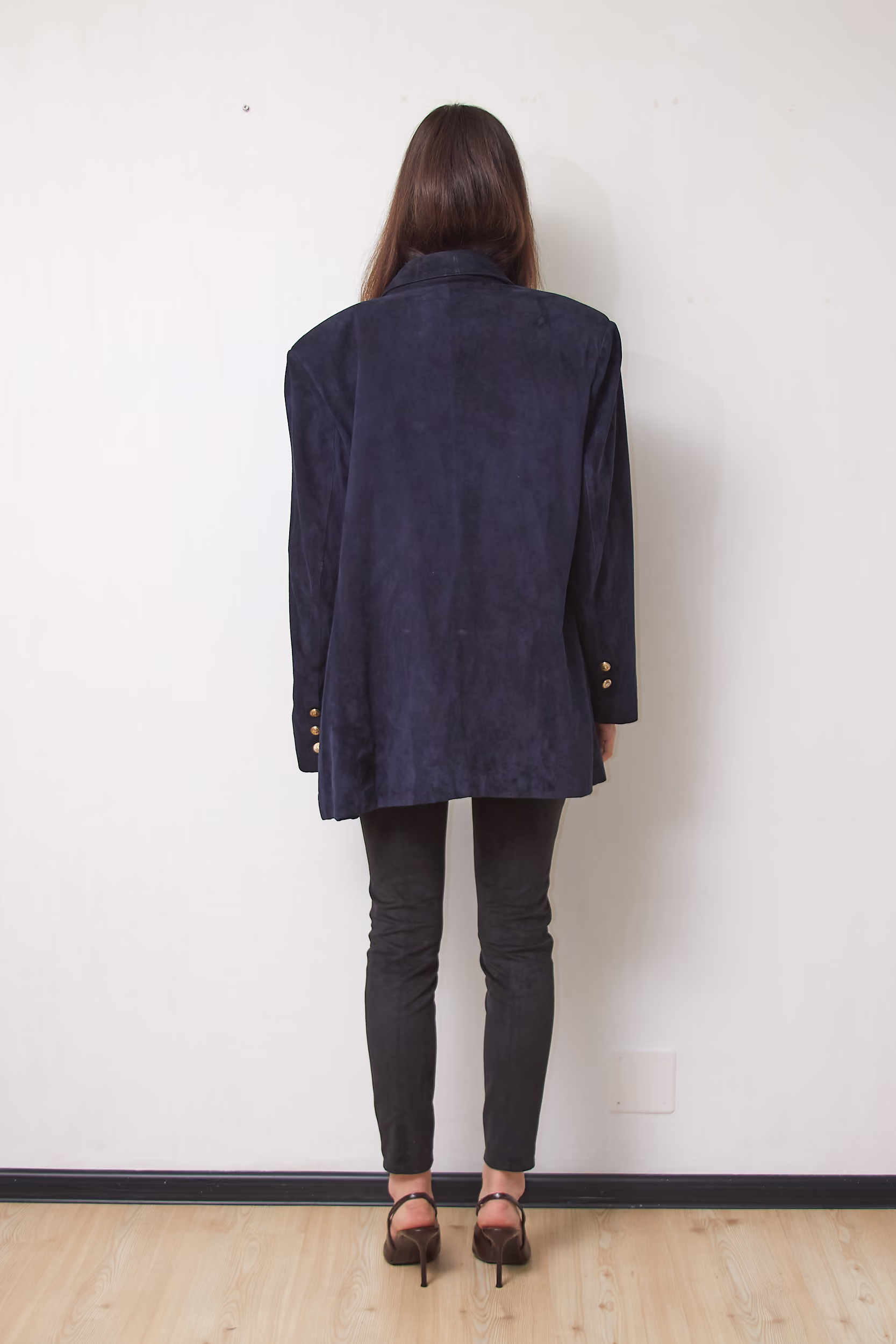 Sacou Vintage din Piele Întoarsă (Suede) – Bleumarin închis - L - imagine 6