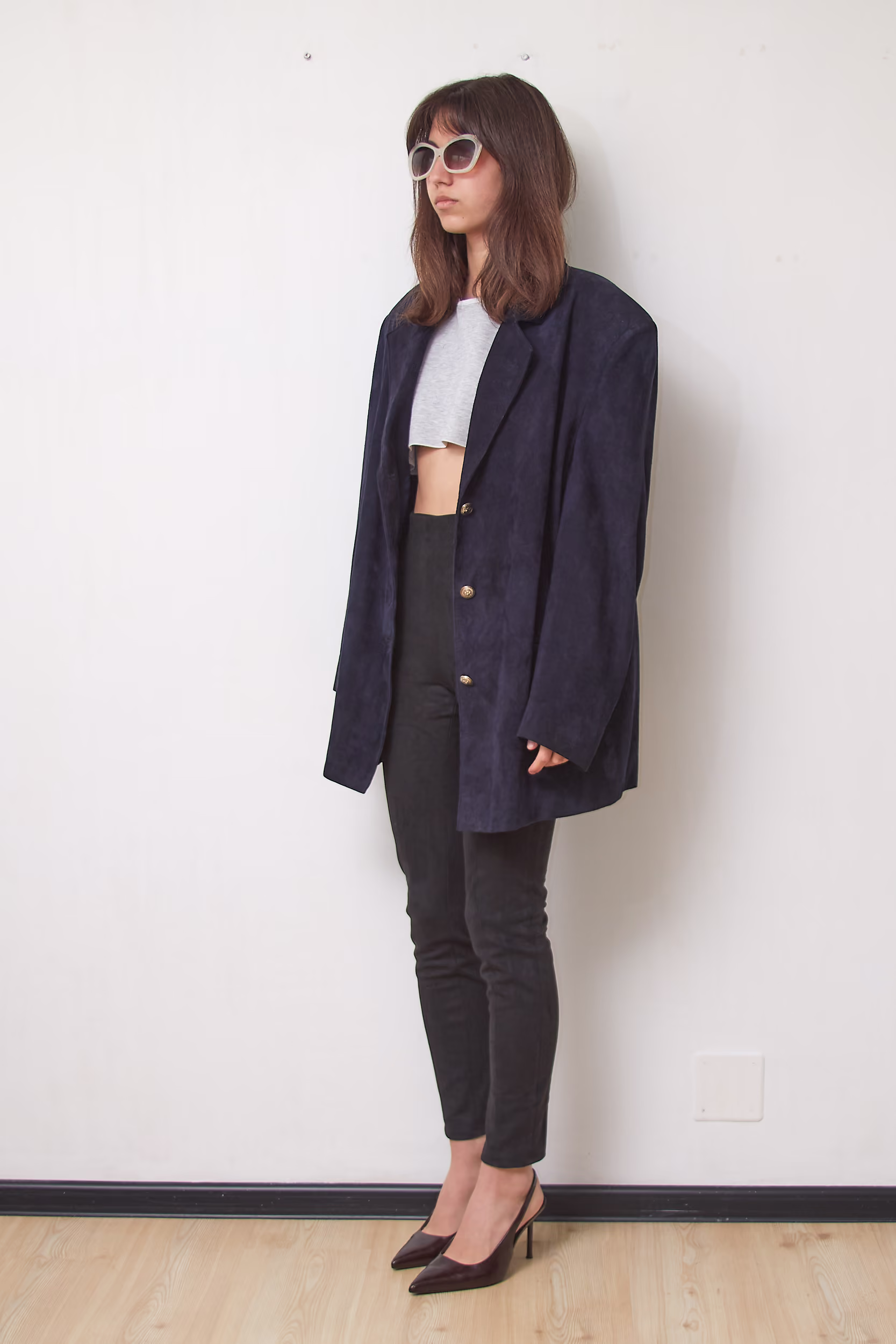 Sacou Vintage din Piele Întoarsă (Suede) – Bleumarin închis - L - imagine 7