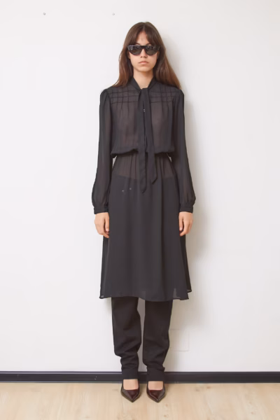 Rochie Vintage Katies Midi din Voal Chiffon Negru cu Guler Eșarfă, Mărime S/M