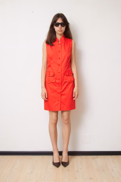 Rochie Vintage Mini din Poplin de Bumbac Roșu Mac cu Spate Decupat, Mărime S
