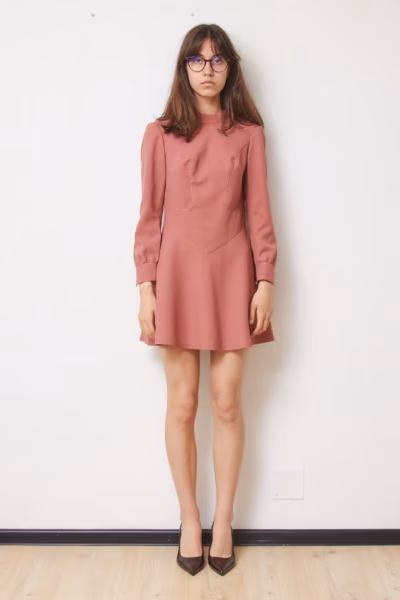 Rochie Vintage Mini Roz Prăfuit cu Croială Structurală și Guler Ridicat, Mărime XS