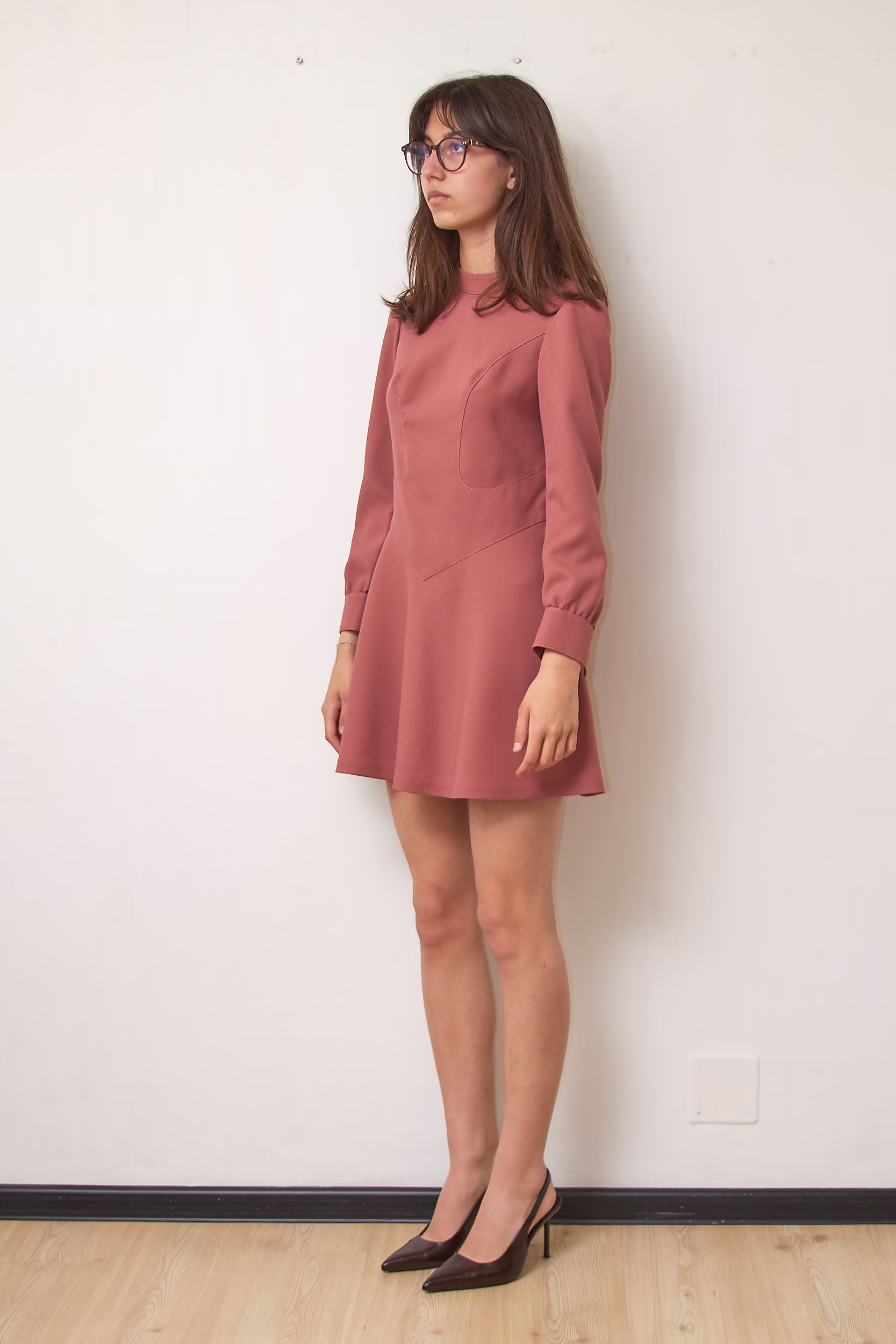 Rochie Vintage Mini Roz Prăfuit cu Croială Structurală și Guler Ridicat, Mărime XS - imagine 5