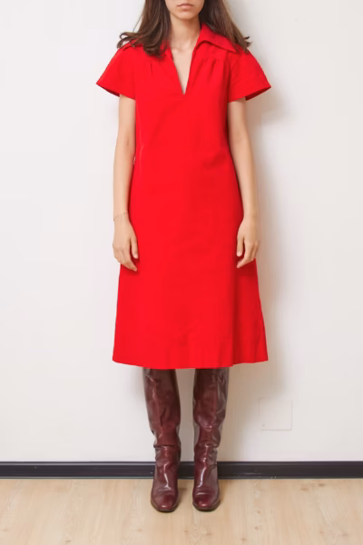 Rochie Vintage Anii '70 din Catifea Reiată Bumbac 100% Roșu Aprins, Mărime M