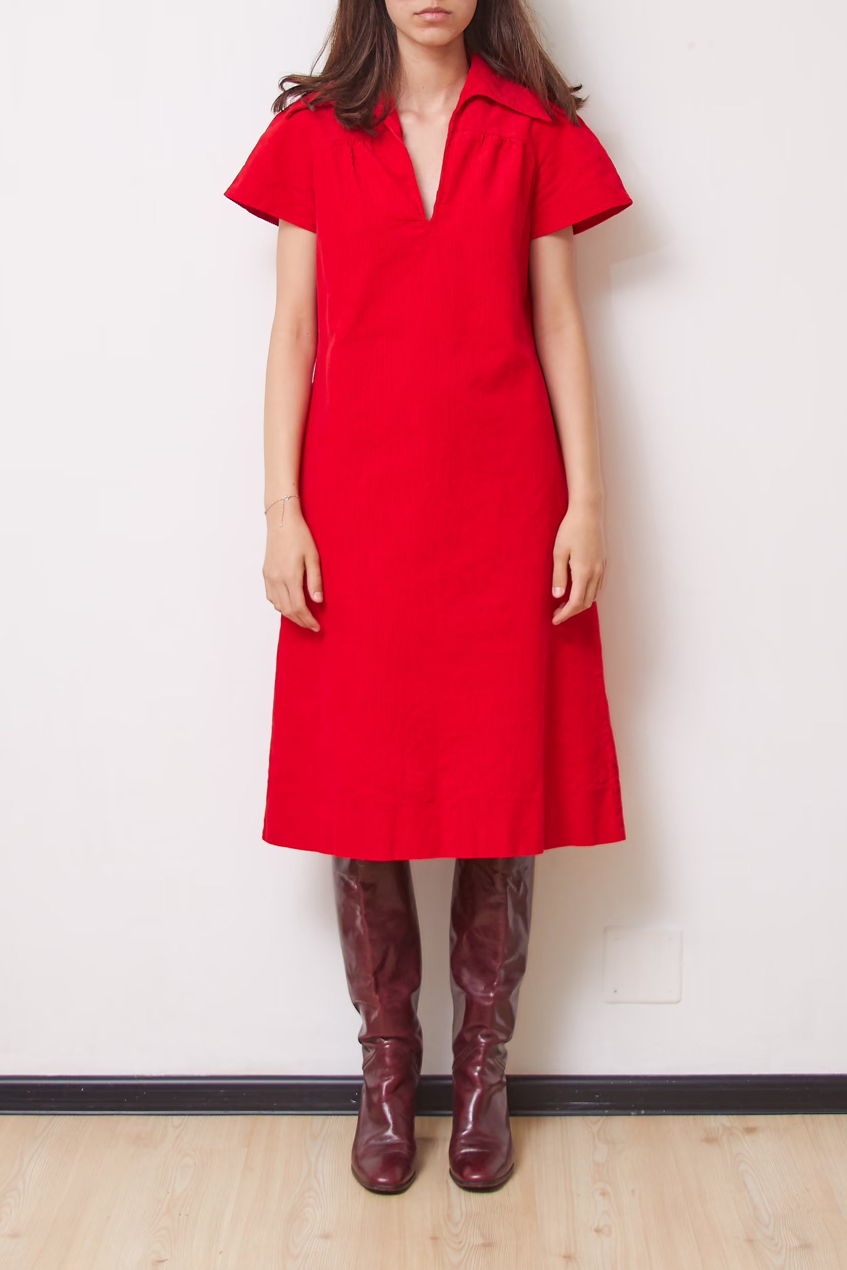 Rochie Vintage Anii '70 din Catifea Reiată Bumbac 100% Roșu Aprins, Mărime M