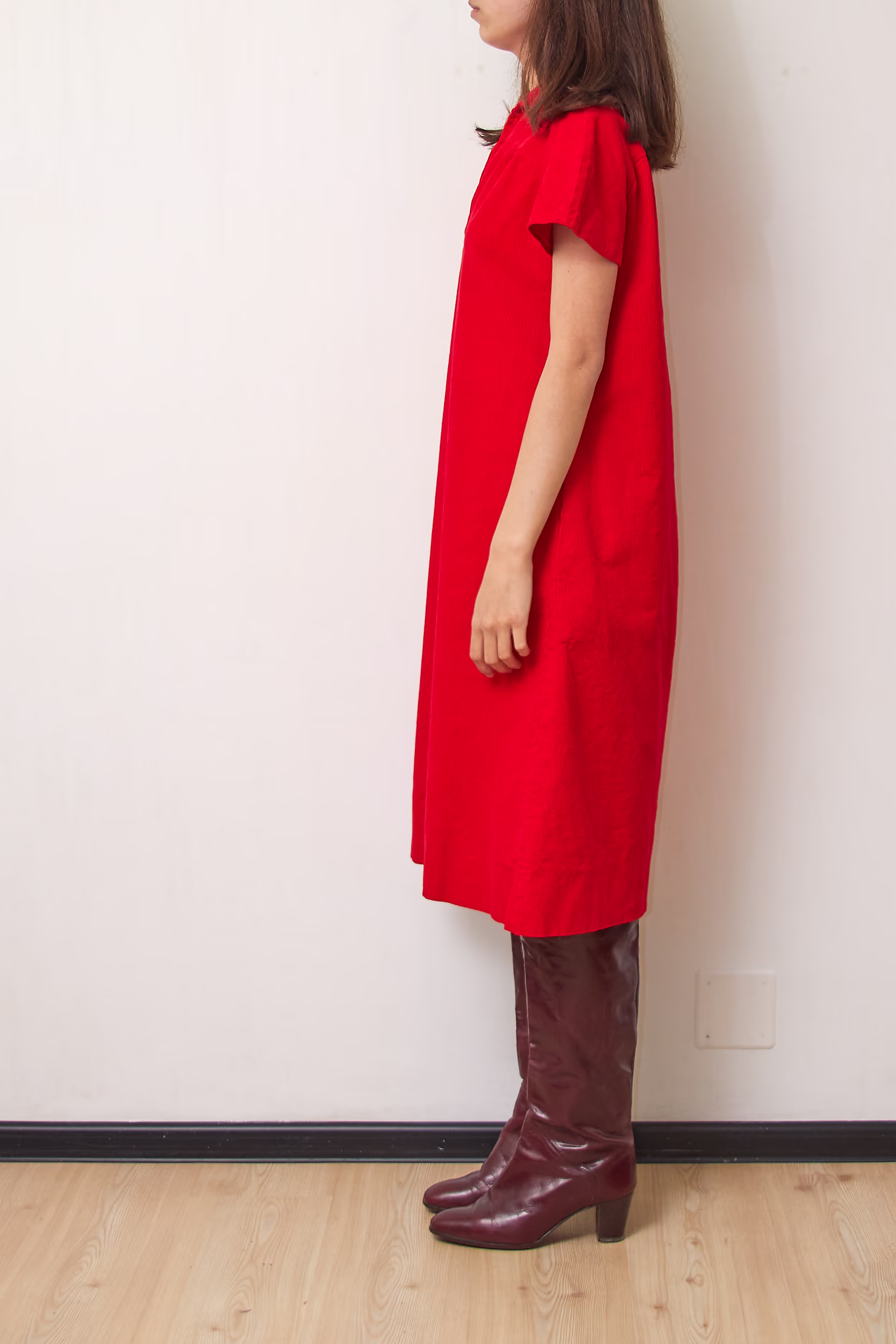 Rochie Vintage Anii '70 din Catifea Reiată Bumbac 100% Roșu Aprins, Mărime M - imagine 3