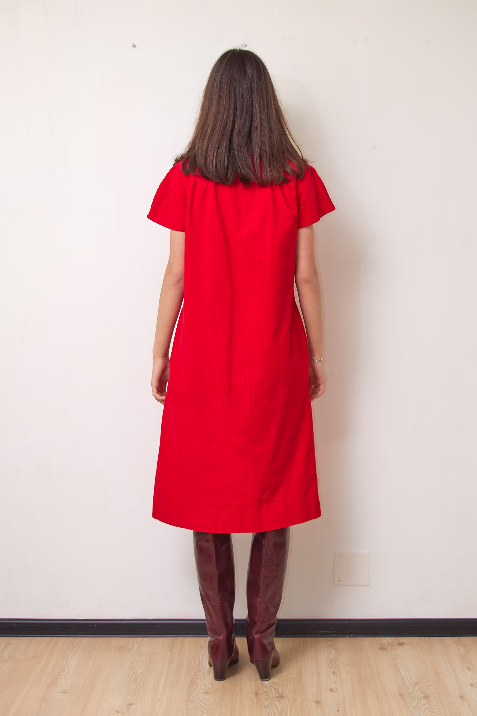 Rochie Vintage Anii '70 din Catifea Reiată Bumbac 100% Roșu Aprins, Mărime M - imagine 4