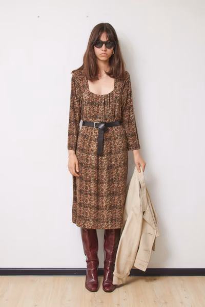 Rochie Weekend Max Mara din Jerseu Fin cu Imprimeu Tweed Maro, Mărime M