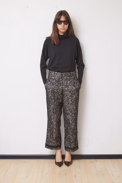 Pantaloni Premium 'S Max Mara Cropped din Tweed Bouclé Negru cu Fir Auriu, M