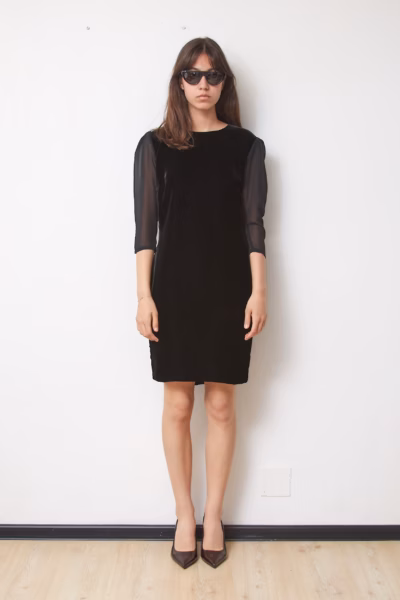 Rochie Vintage Midi din Catifea cu Mâneci din Voal Fin, Mărime XS/S