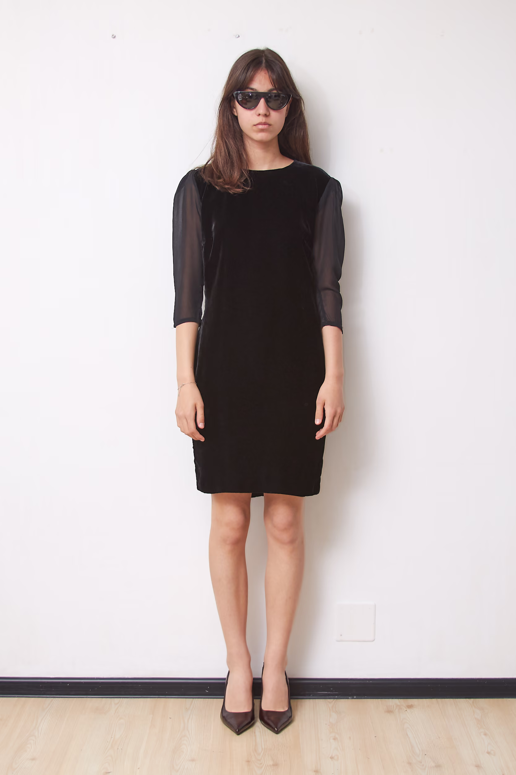 Rochie Vintage Midi din Catifea cu Mâneci din Voal Fin, Mărime XS/S