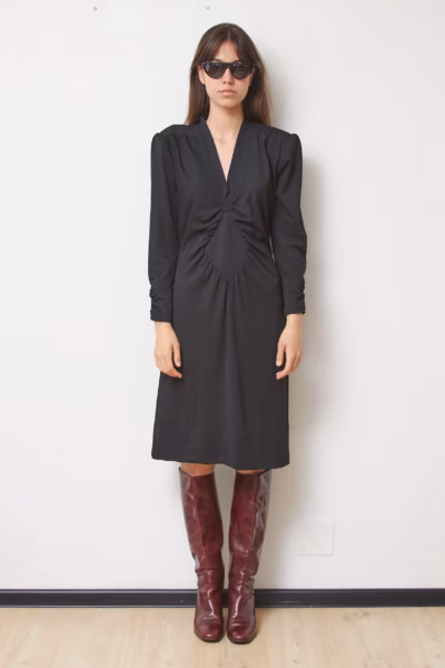 Rochie Vintage Anii '70 Midi Negră Chiffon cu Drapaj Frontal, Mărime S/M