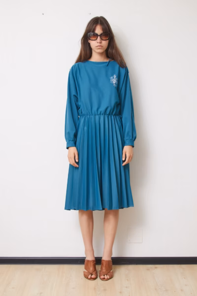 Rochie Vintage Anii '80 Plisată Albastru Petrol cu Broderie Florală, Mărime M