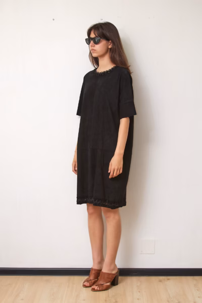 Rochie Premium Shift din Piele Întoarsă Ultra-Fină Negră cu Detalii din Dantelă, Mărime M/L