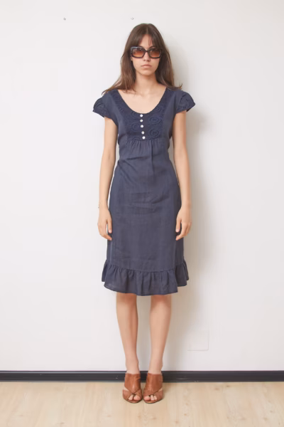 Rochie Tunică Vintage Sure din IN 100% Albastru Indigo cu Detalii Brodate, Mărime M