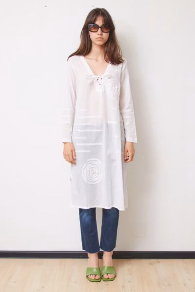 Rochie Tunică Equilibrium Albă din Bumbac Topit cu Aplicații Texturale, S/M