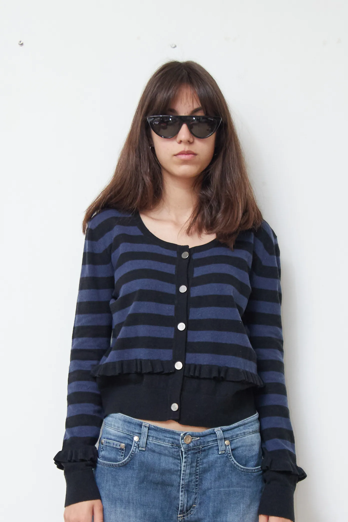 Cardigan cu dungi și volane din amestec de lână și bumbac - Armani Jeans - S - imagine 2
