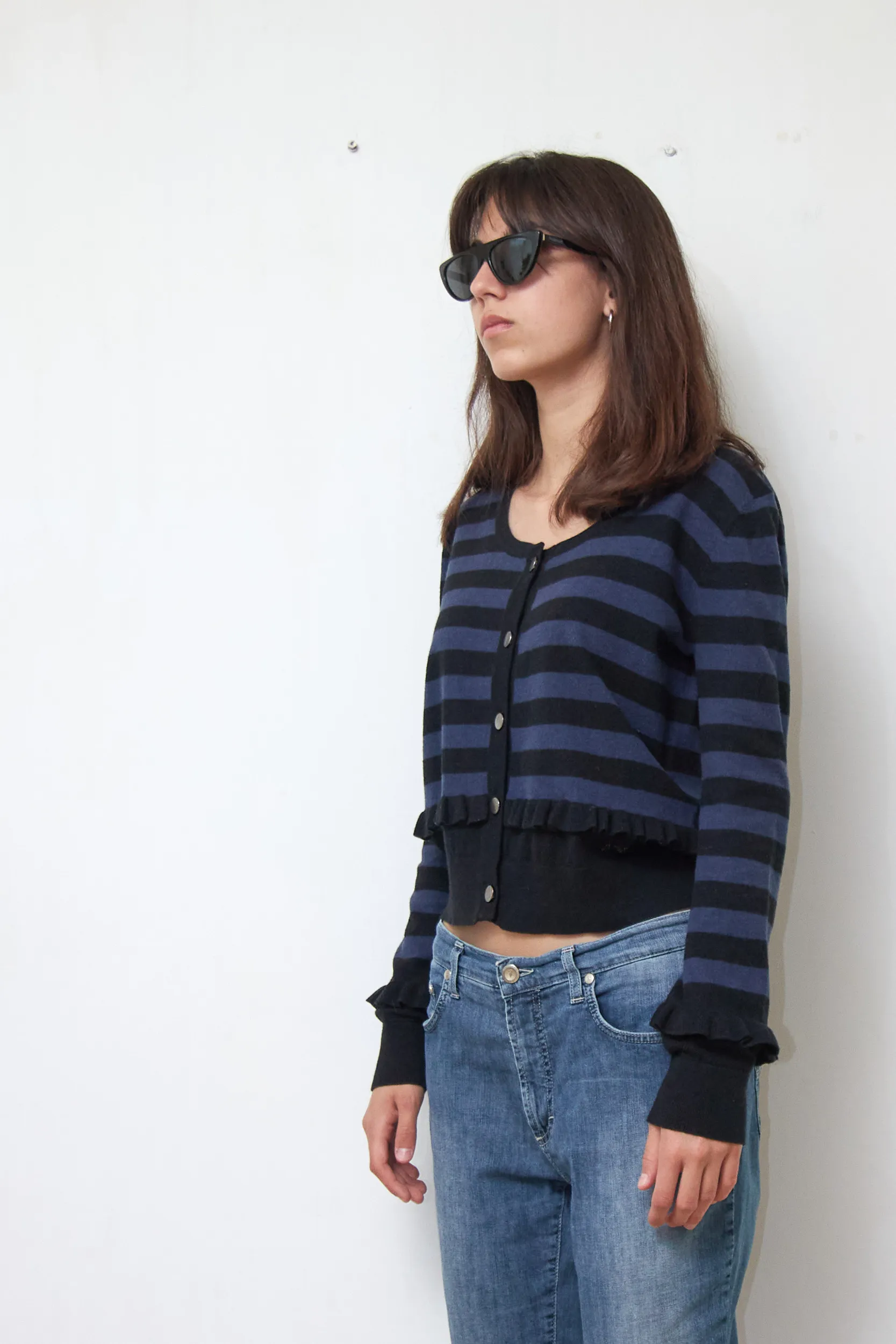 Cardigan cu dungi și volane din amestec de lână și bumbac - Armani Jeans - S - imagine 5