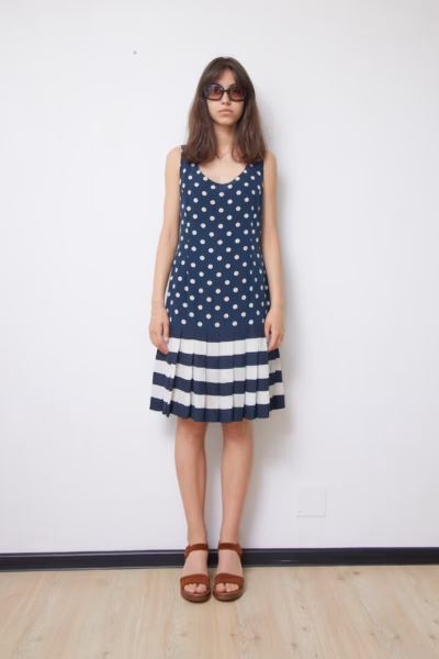 Rochie din Mătase Naturală 100% cu Buline și Dungi - Vintage - M