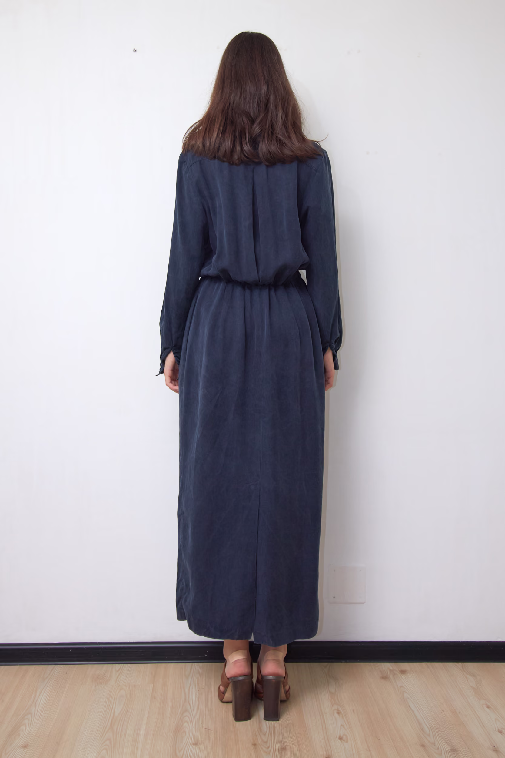 Rochie Cămașă Maxi Merrytime Bleumarin din Tencel 100% Catifelat - Vintage - M - imagine 3