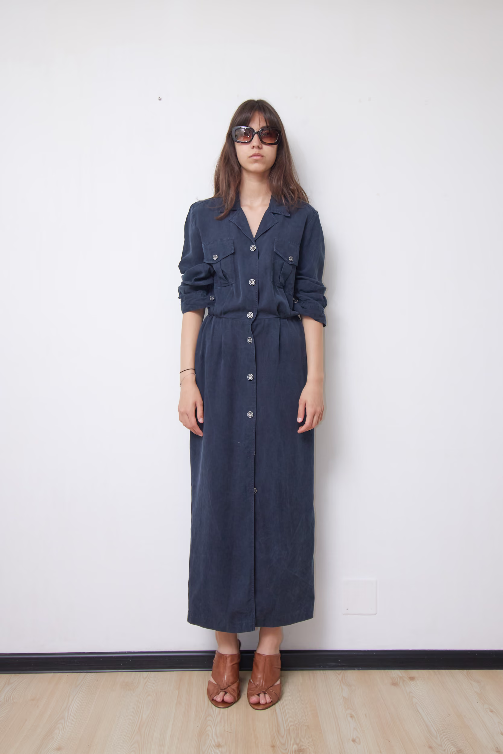 Rochie Cămașă Maxi Merrytime Bleumarin din Tencel 100% Catifelat - Vintage - M
