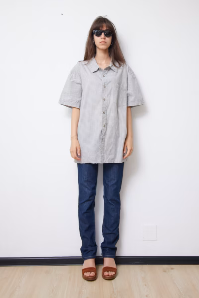 Cămașă din Bumbac cu Mâneci Scurte în Carouri Mărunte Gri - Calvin Klein Jeans - XL