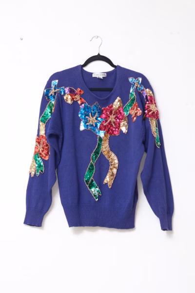 Pulover Vintage Victoria Harbour Violet cu Aplicații din Paiete și Mărgele, L