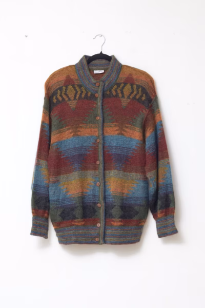Cardigan Vintage Erica Rössler Multicolor din Kid-Mohair și Imprimeu Etnic - XL