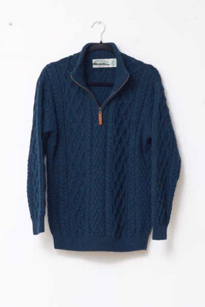 Pulover Vintage Verde-Petrol din Lână Merinos 100% cu Guler Înalt și Fermoar, Fabricat în Irlanda - Aran Crafts - L