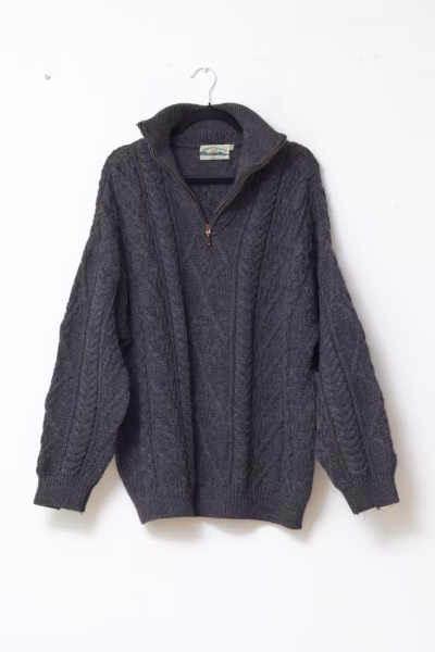 Pulover Vintage Aran Crafts Gri-Antracit din Lână 100%, Fabricat în Irlanda - Aran Crafts - XXL