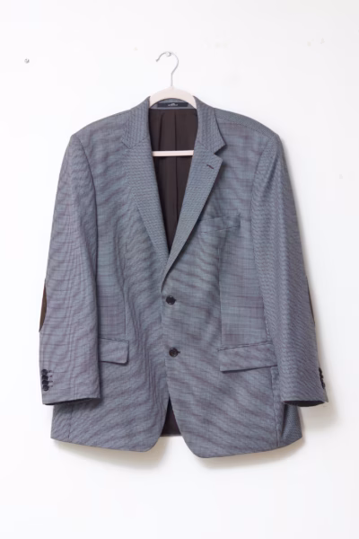 Sacou Vintage Sportman din 100% Lână Virgină în Carouri Mici cu Petice la Coate - Vintage - L