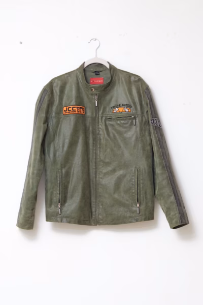 Geacă Biker Vintage Explorer din Piele Naturală Kaki cu Patch-uri Racing - Vintage - M, L