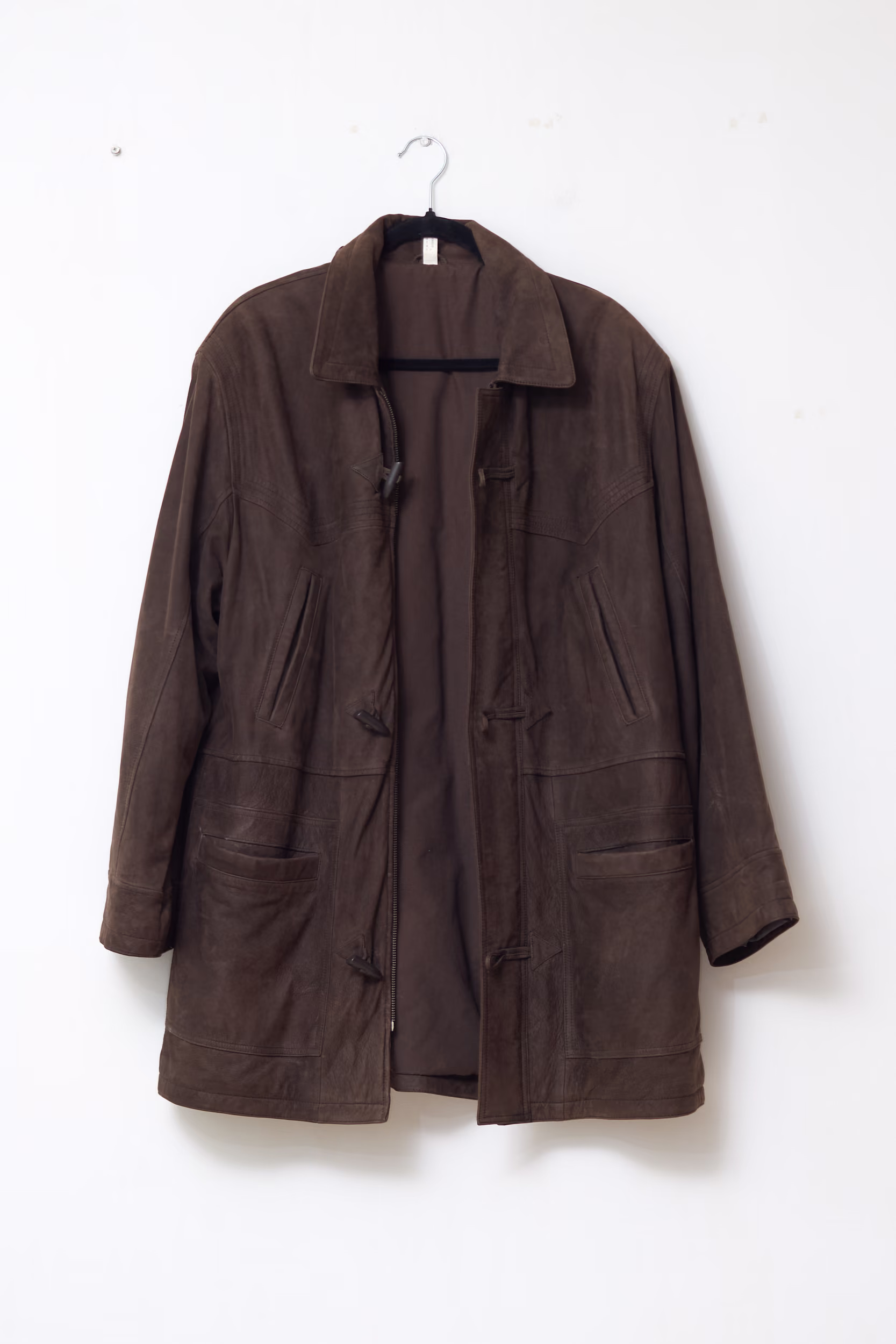 Jachetă Lungă Vintage Safari din Piele Naturală Maro cu Nasturi Olivă - Vintage - L/XL - imagine 2