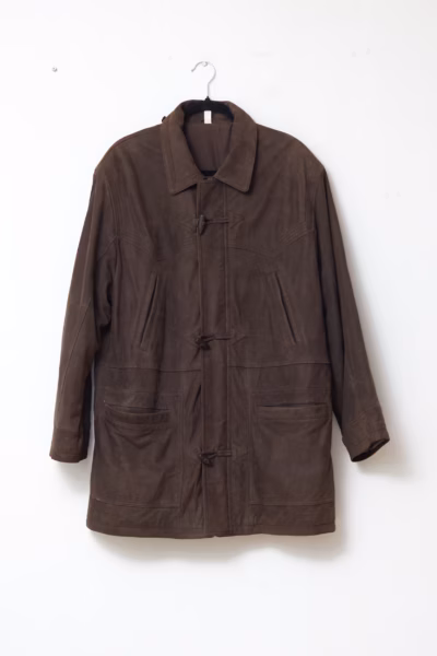 Jachetă Lungă Vintage Safari din Piele Naturală Maro cu Nasturi Olivă - Vintage - L/XL