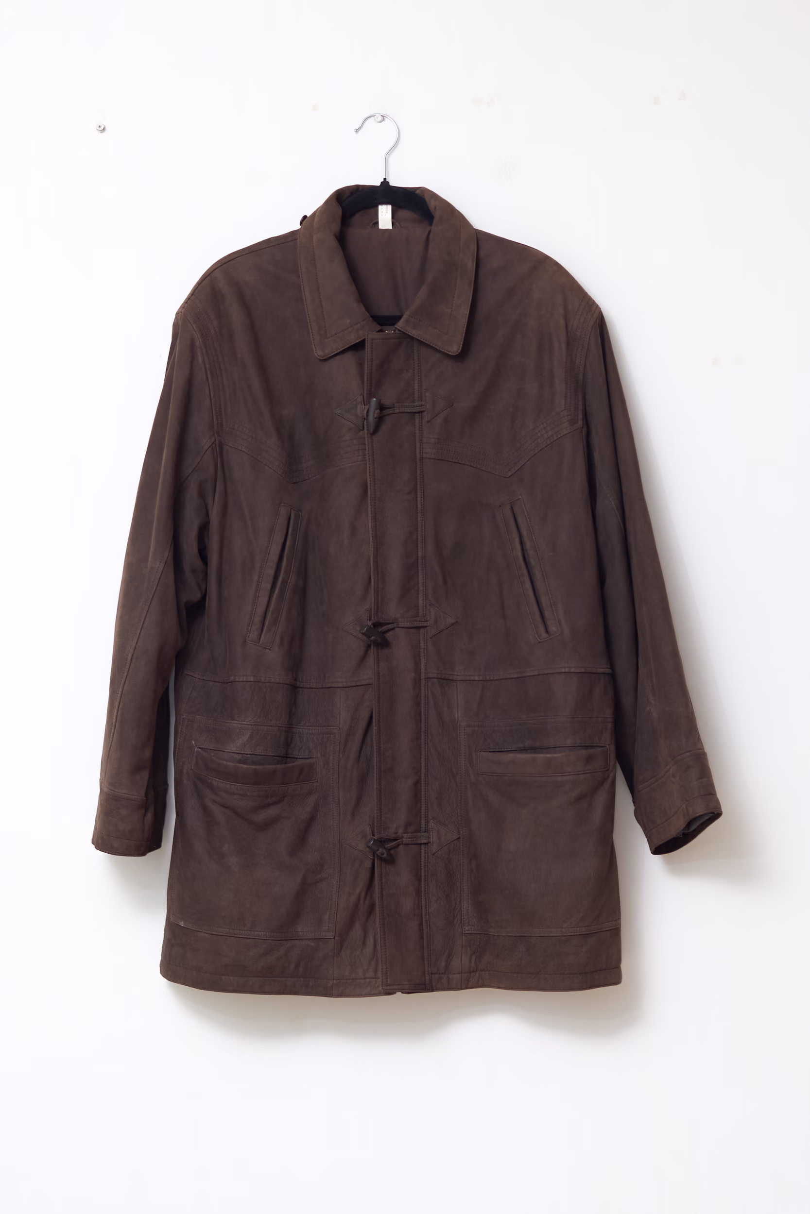 Jachetă Lungă Vintage Safari din Piele Naturală Maro cu Nasturi Olivă - Vintage - L/XL