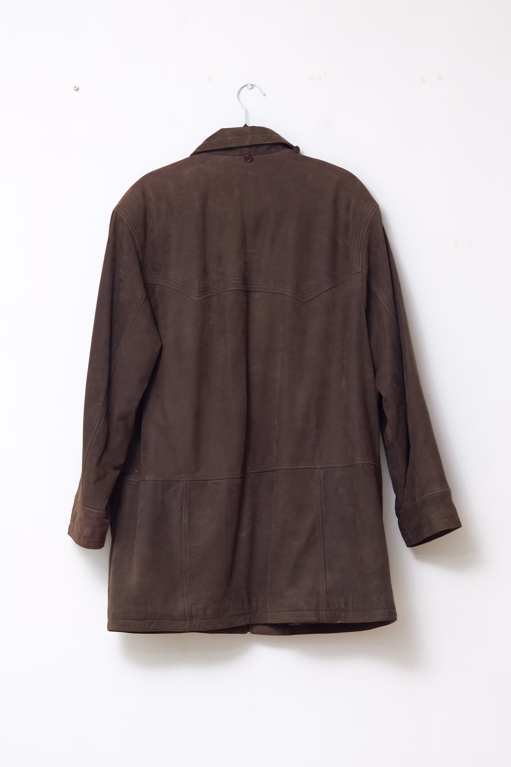 Jachetă Lungă Vintage Safari din Piele Naturală Maro cu Nasturi Olivă - Vintage - L/XL - imagine 3