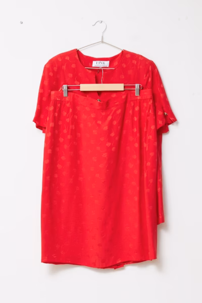Compleu Vintage FINK Fine Dresses din 100% Mătase Naturală Jacard – Roșu Vibrant - Vintage - XL