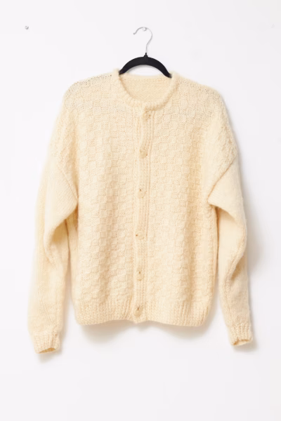 Cardigan Vintage Artizanal tricotat manual, din Lână Pufoasă – Alb Unt / Ecru - Vintage - L
