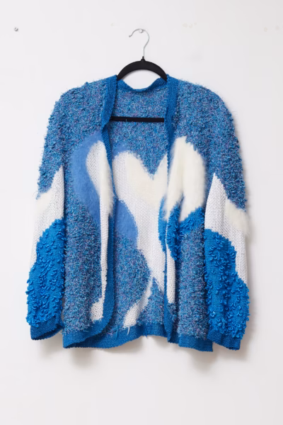 Cardigan Avant-Garde cu texturi mixte în relief – Albastru & Alb - Vintage - L