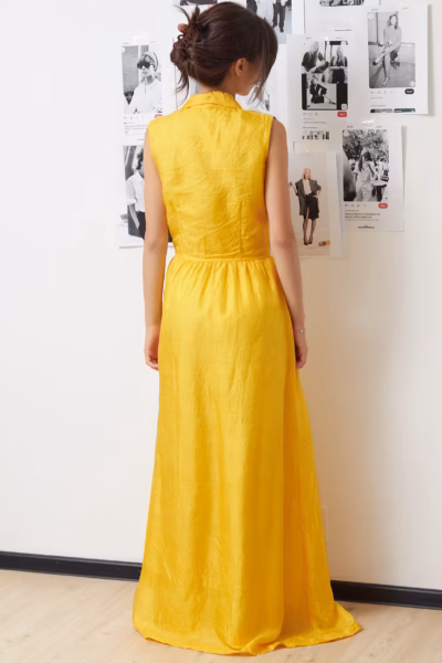 Rochie Maxi Vintage anii '70 din Mătase Pură Țesută Manual – Galben Șofran, XS/S