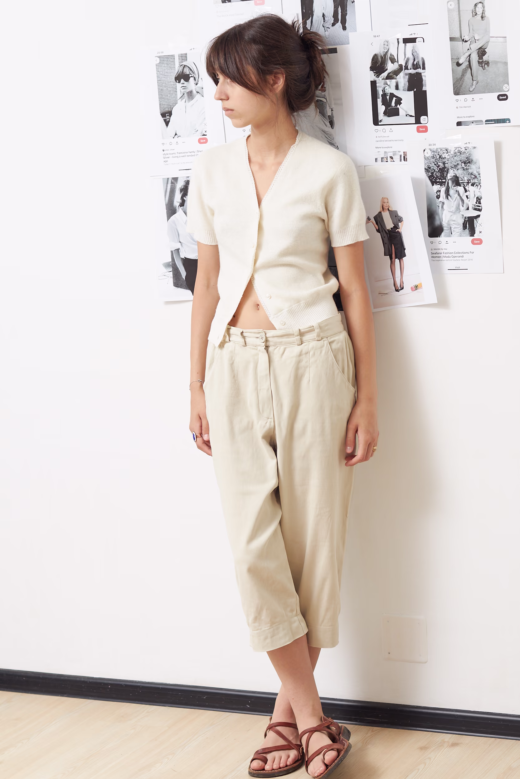 Pantaloni Capri Vintage din Bumbac Crem/ Y2K – S - imagine 2