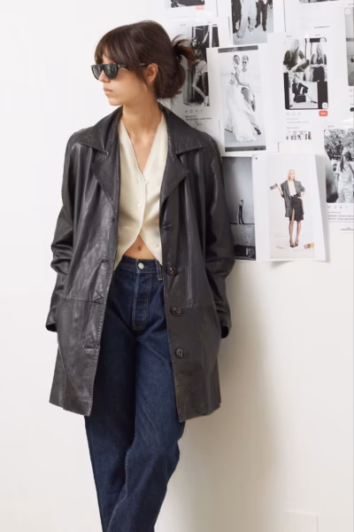 Palton Scurt / Car Coat Vintage din Piele Naturală Negru - M