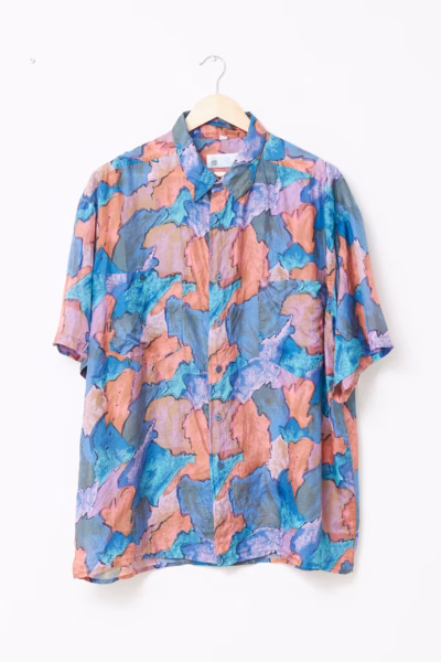 Cămașă Vintage din Mătase Naturală 100% cu Print Abstract - XL
